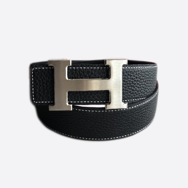 Hermès Men's H-Letter Jersey Buckle Leather Double-Sided Business Pants Belt in Black and Silver (3.8cm)
