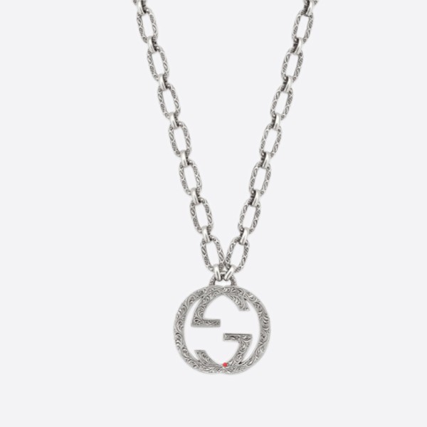 Gucci Interlocking G 3cm Pendant Silver Antique Chain Big Necklace 524890J8400 0811