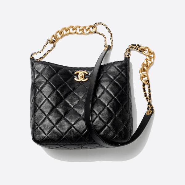 Chanel Hobo Handbag Lambskin Gold Metal Black AS3112 B07633 94305