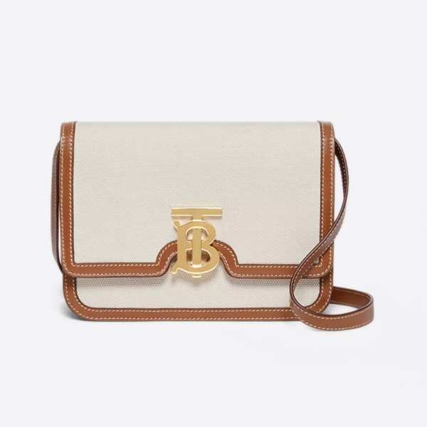 Burberry Small Triton Canvas Leather TB Bag Color - Natural/Malto Brown 80393651