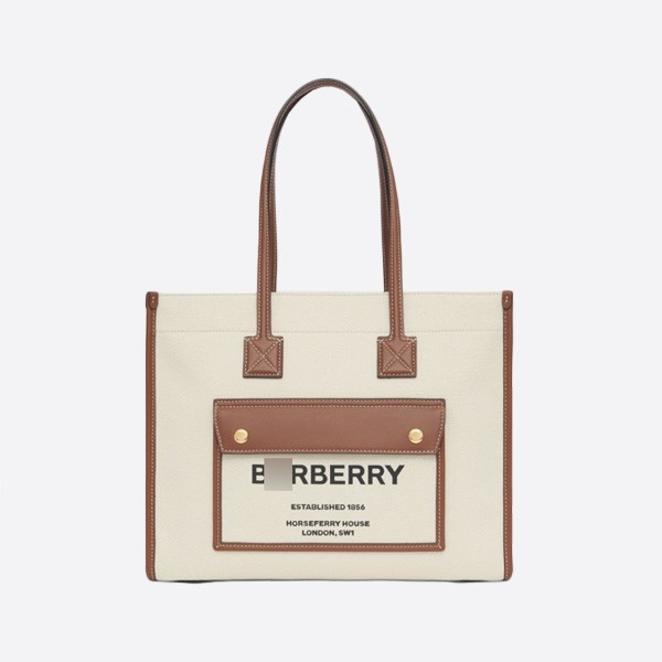 Burberry Small Two-Tone Canvas Leather Freya Tote, Color: Natural/Tan, 80441381