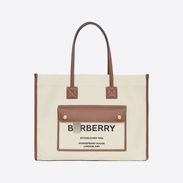 Burberry Medium Two-Tone Canvas and Leather Freya Tote, Color: Natural/Tan, 80441291