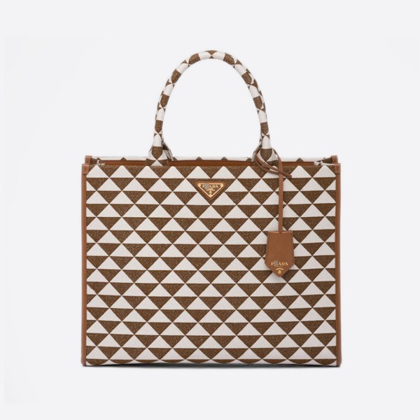 Prada Large Prada Symbol Jacquard Handbag, Color: Tobacco/Chalk White, 1BA356