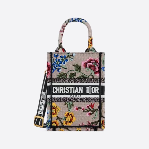 Dior BOOK TOTE Mini Phone Bag with Petites Fleurs Embroidery, S5555CEAU_M912