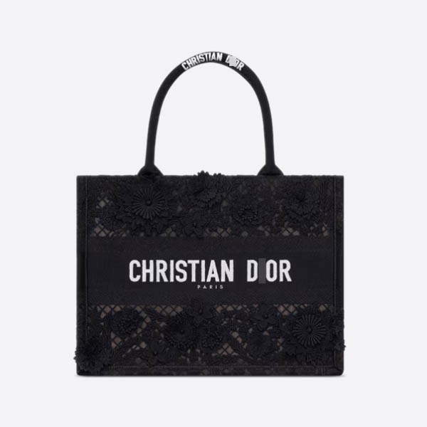 Dior BOOK TOTE Medium Bag in Black Multicolor with D-Lace and 3D Macramé Effect Embroidery (M1296ZEAX_M911)