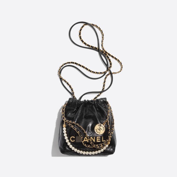 Chanel 22 Mini Solder Bar, Shiny Crumpled Calfskin, Crystal Pearls & Gold-Tone Metal, Black, AS3980 B10672 94305