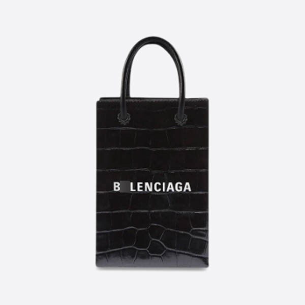Balenciaga Black Shiny Clockwork Embossed Cuffskin Shopping Bag Phone Holder 5938261U61N1090