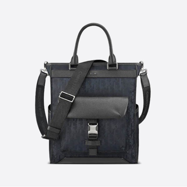 Dior Explorer Tote Bag in Black Oblique Mirage Technical Fabric and Grained Calfskin Leather (1ESSH069YIH_H03E)