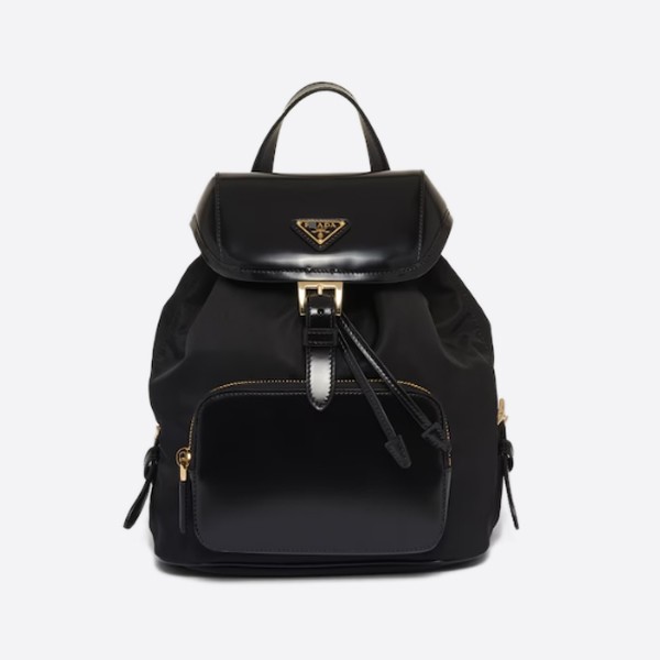 Re-nylon and brushed leather backpack, color - black, 1BZ074_R789_F0002_V_OOM