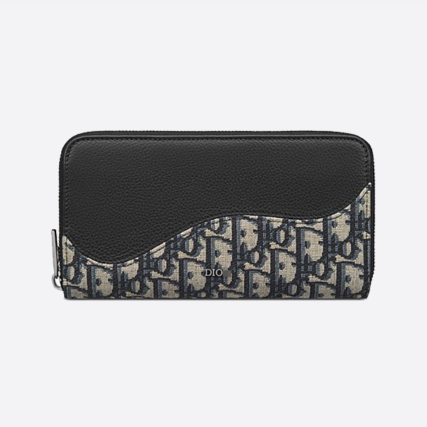 Saddle Zip Long Wallet in Black Grained Calfskin Leather with Marquetry and Beige and Black Dior Oblique Jacquard 2ADBC315YKS_H05E