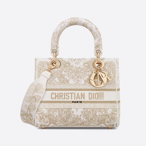Dior Medium Lady D-Lite Bag in Gold Tone and White with Butterfly Around the World Embroidery (M0565OESV_M01E)