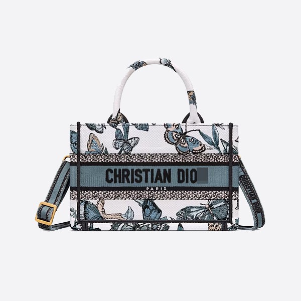 Dior Mini Book Tote with Strap, White and Pastel Midnight Blue Toile de Jouy with Mexican Embroidery, S5573CESR_M933