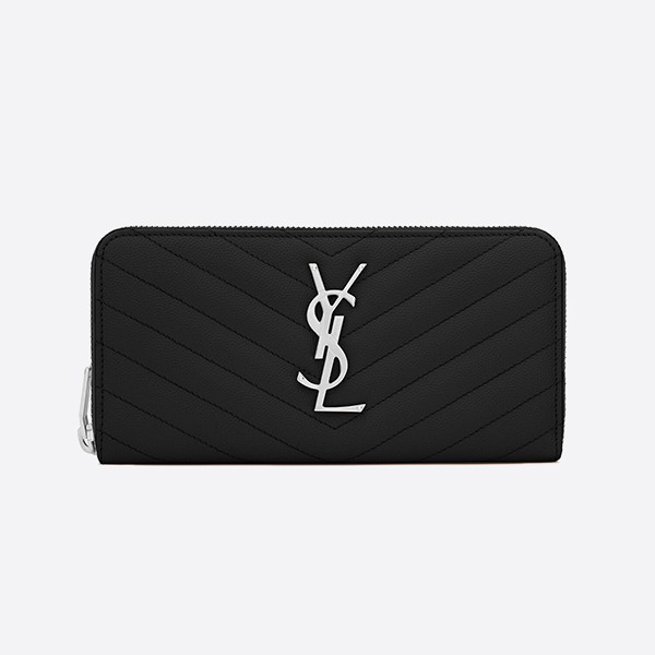 Yves Saint Laurent Monogram Zip-Around Wallet in Matelasse Grain de Poudre, Black, 358094BOW021000