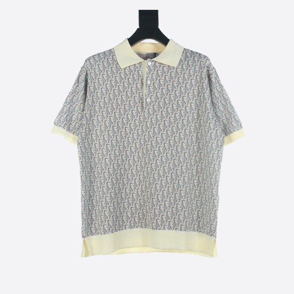 Dior Oblique Polo Shirt in White, Blue, and Brown Cotton Jacquard