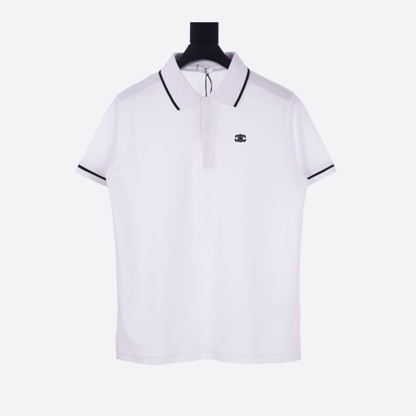 Celine Homme logo embroidered cotton piqué polo shirt in white