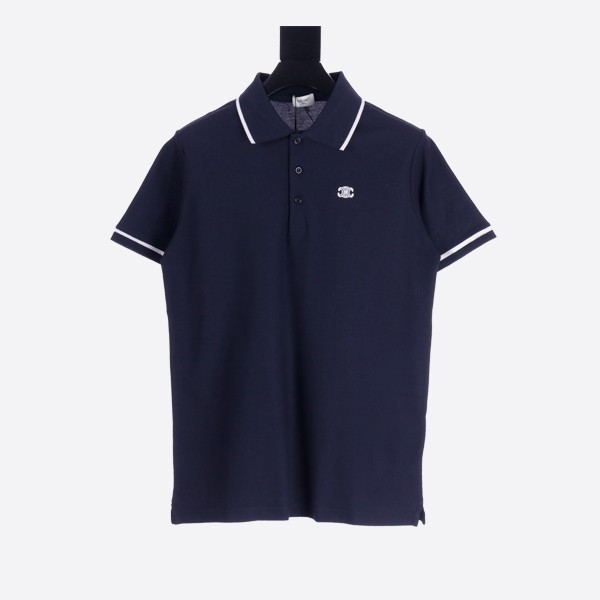 Celine Homme logo embroidered cotton piqué polo shirt in navy