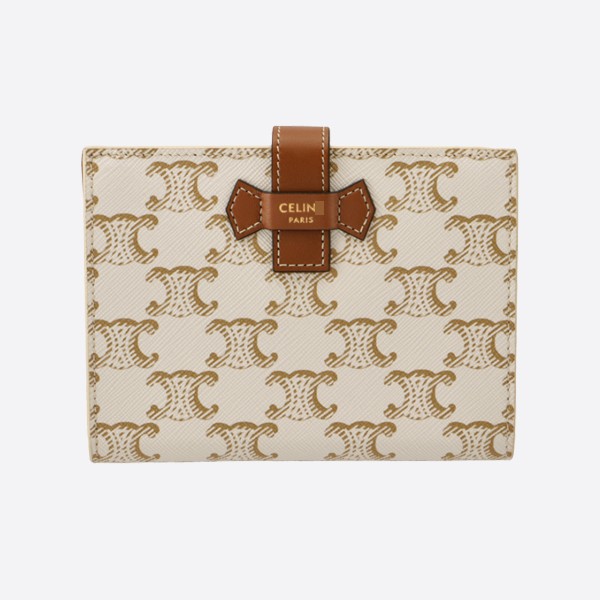 Celine Medium Strap Wallet in Triomphe Canvas and Lambskin - White/Tan 10B642DB7.01TA