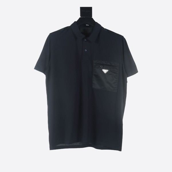 Prada Navy Stretch Cotton Polo Shirt with Re-Nylon Details