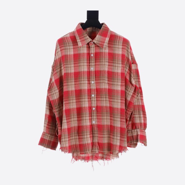 R13 Denim Collection Shredded Seam Drop Neck Shirt in Pink Check