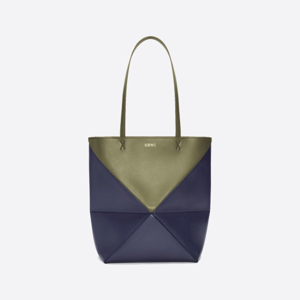 Loewe Puzzle Fold Tote in Shiny Calfskin, Olive/Abyss Blue, A779G50X18