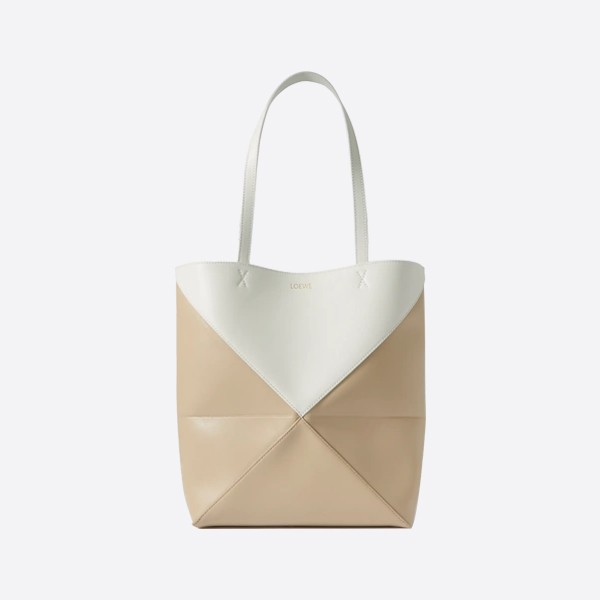 Loewe Puzzle Fold Tote in Shiny Calfskin, Soft White with Paper Craft, A779G50X18