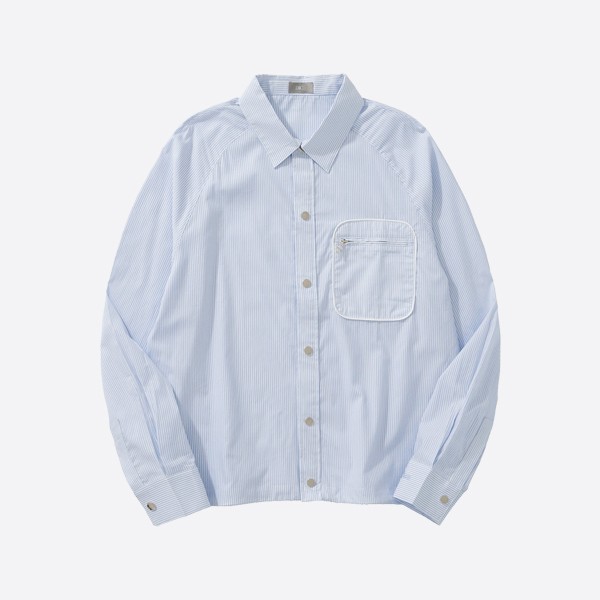 Christian Dior Couture Embroidered Shirt in White Cotton and Silk Poplin with Blue Stripes