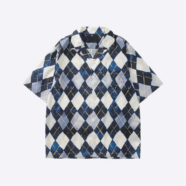 Prada Navy Short Sleeve Argyle Silk Twill Shirt