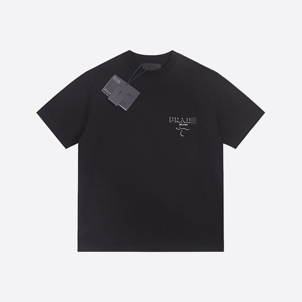 Prada Logo Embossed Cotton T-Shirt in Black