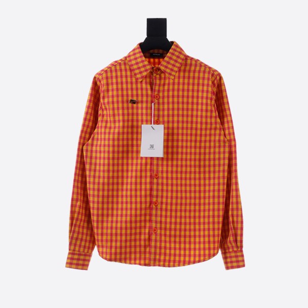 WE11 DONE American Retro Leather Label Badge Yellow Check Pattern Long Sleeve Shirt