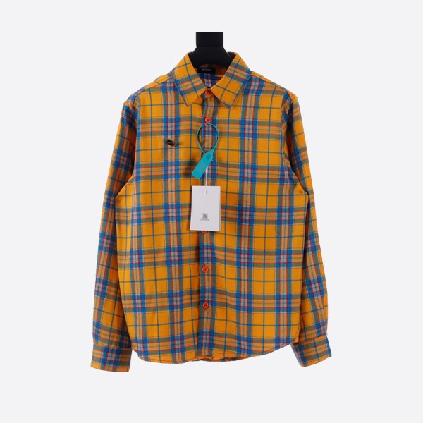 WE11 DONE American Retro Leather Label Badge Yellow Check Pattern Long Sleeve Shirt