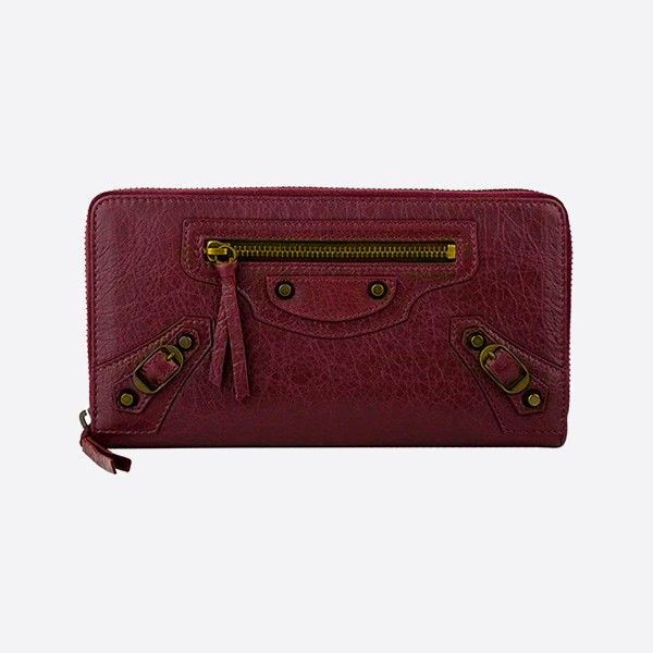 BALENCIAGA Cracked Lambskin Biker Wallet Burgundy