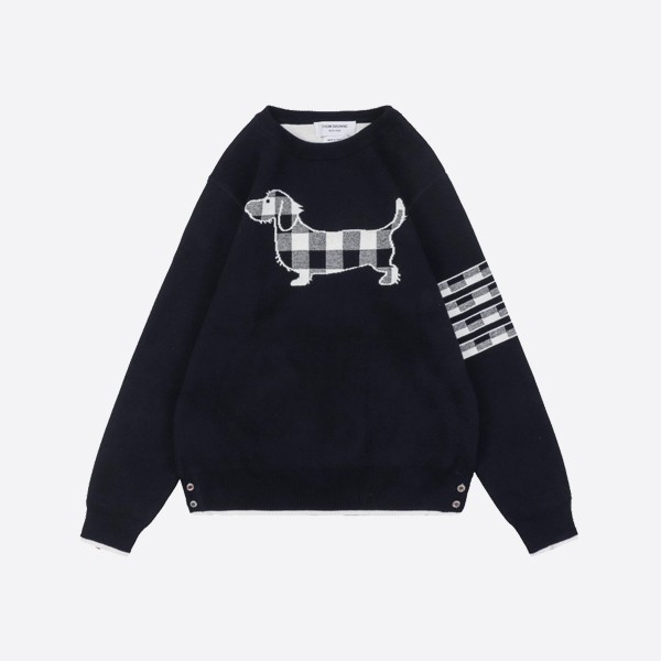 Thom Browne 4-Bar Check Puppy Print Crew Neck Sweater