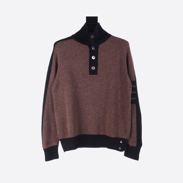 Thom Browne Colorblock Wool Lapel Sweater in Mahogany and Black