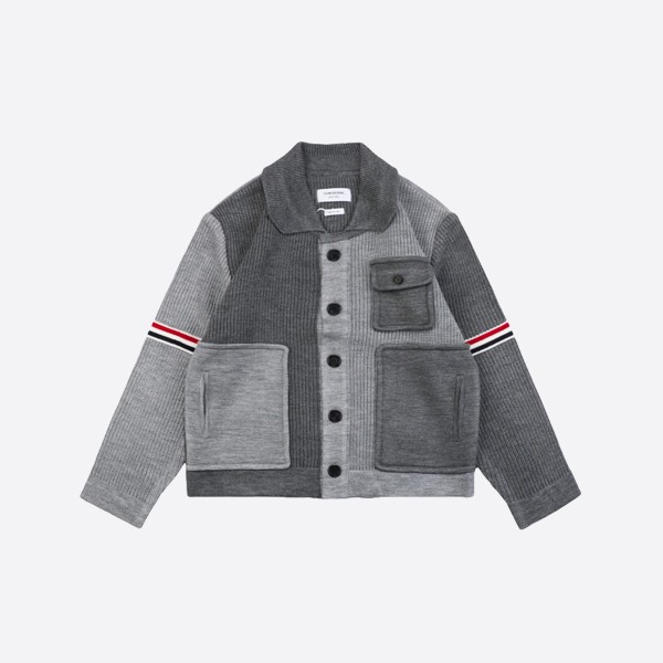 Thom Browne Four-bar striped color-blocked pocket wool cardigan jacket - Gray and black