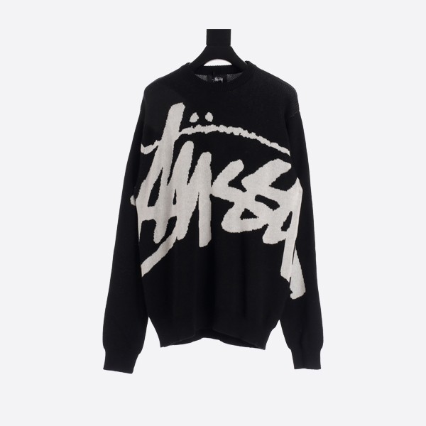 Stüssy Large Logo Letter Jacquard Knit Crew Neck Sweater in Black