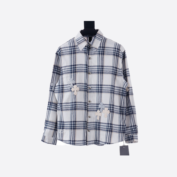Chrome Hearts Blue and White Check Cross Patch Leather Long Sleeve Shirt