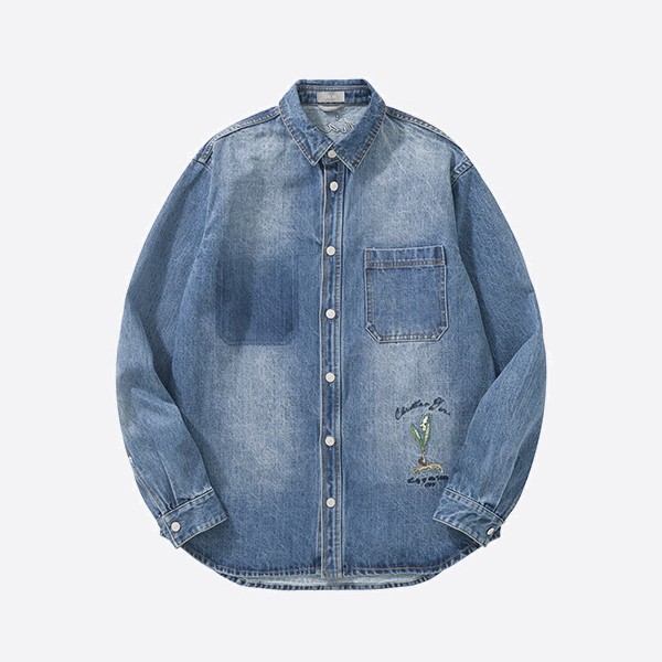 Dior classic fit embroidered shirt in blue cotton twill