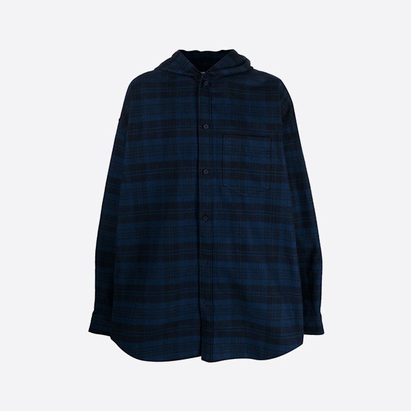 Balenciaga Check Hooded Shirt Coat in Blue