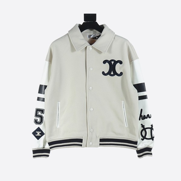 Celine Patchwork Embroidered Baseball Uniform Jacket in White
