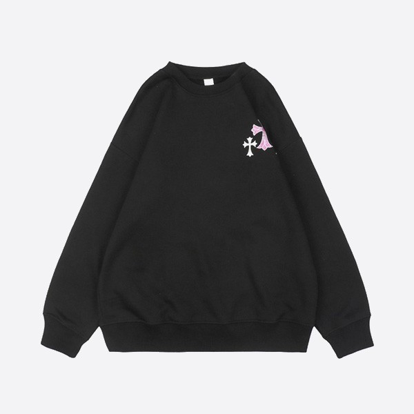 Chrome Hearts 2024 Sanskrit Scroll Pink Cross Hot Diamond Round Neck Sweatshirt in Black