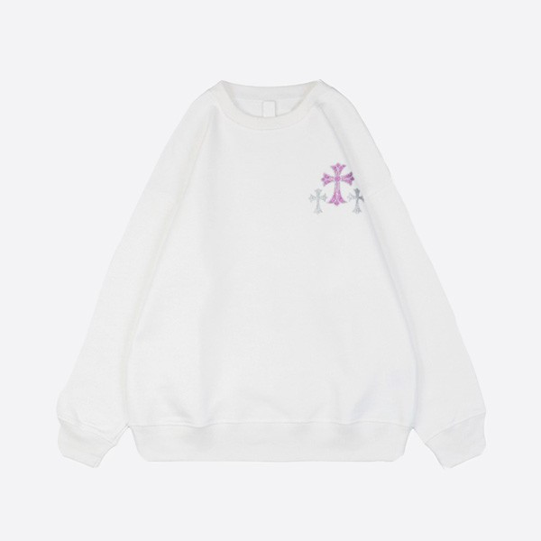 Chrome Hearts 2024 Sanskrit Scroll Pink Cross Hot Diamond Round Neck Sweatshirt in White