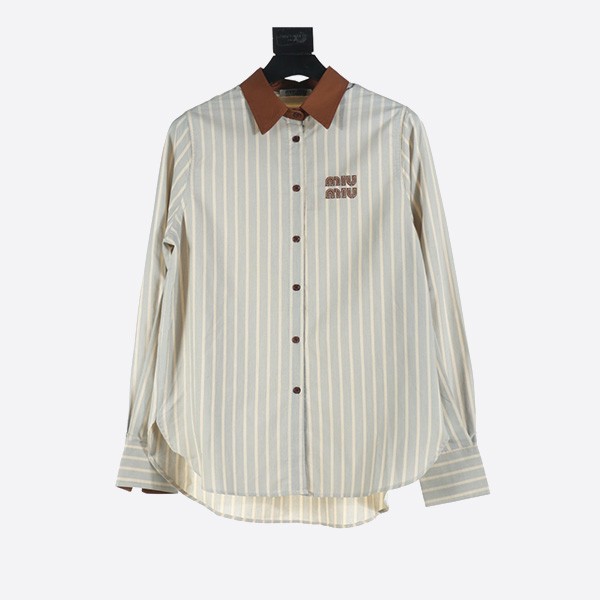 Miu Miu 24Fw Heavy Industry Contrast Color Stitch Stripe Long Sleeve Shirt in Brown