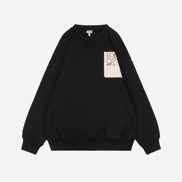 Loewe 24Fw Faux Pocket Color Block Floral Logo Embroidered Round Neck Sweatshirt in Black