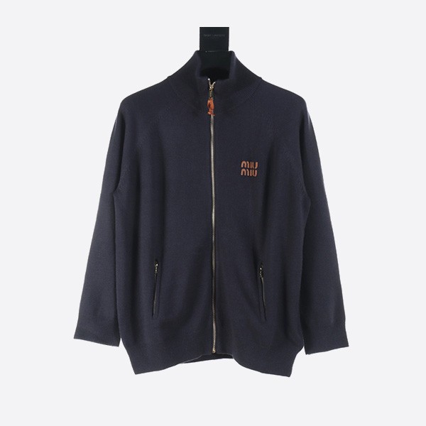 Miu Miu 24FW Stand Collar Zipper Leather Logo Letter Knit Cardigan Jacket