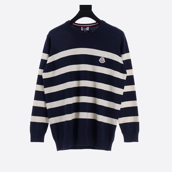 Navy knit round-neck striped sweater with Moncler Muzzle MC Classic logo on chest