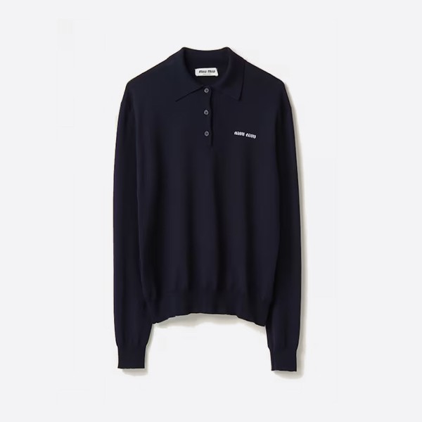 MiuMiu Long Sleeve Navy Wool Knit Polo Shirt