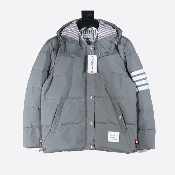 Thom Browne Classic 4-Bar Webbing Down Jacket in Grey
