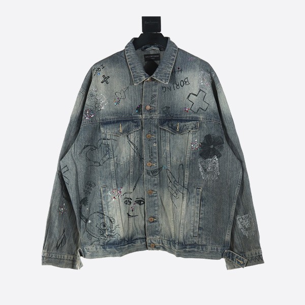 Balenciaga 2024Fw Sketch Graffiti Hot Diamond Denim Jacket
