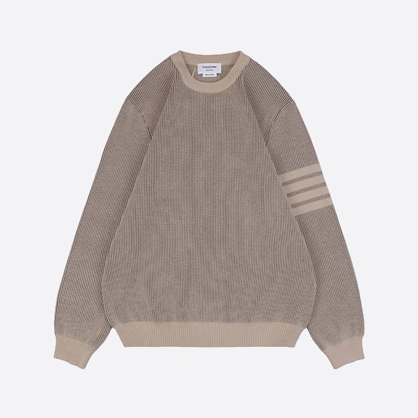 Thom Browne 24Fw 4-Bar Vertical Stripe Crew Neck Sweater in Beige