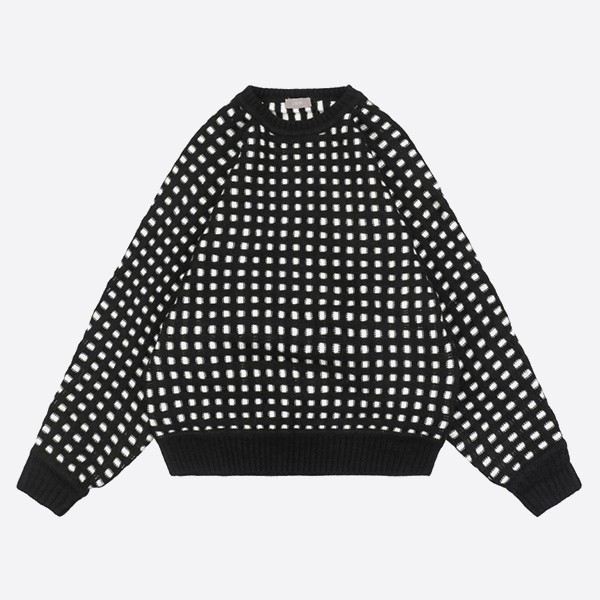 Dior 2023Fw Black and White Hollow Check Crew Neck Sweater